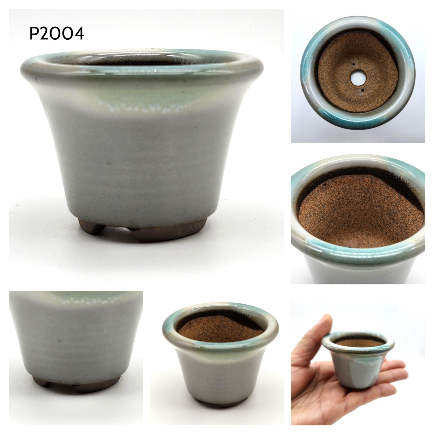 P2004 Light Gray Glazed / Teal rim accent, Authentic Koishiwara-yaki Japanese Pottery. Round 2inch Bonsai Pot