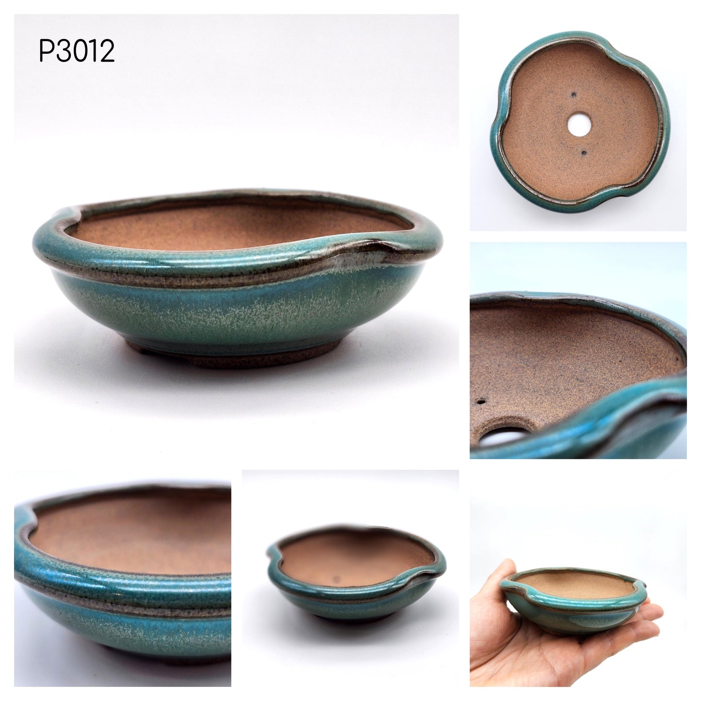 P3012 Teal Green Glazed, Authentic Koishiwara-yaki Japanese Pottery, Tri-Circular Shape 3 1/2inch Bonsai Pot