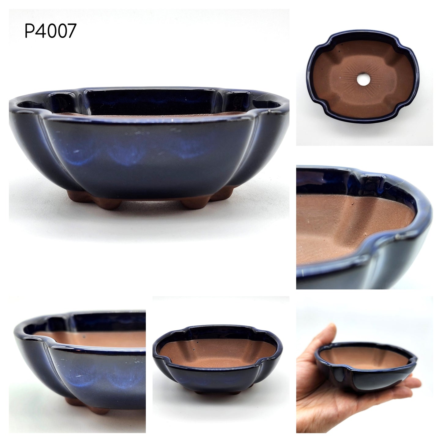 P4007 Dark Navy Glazed / Mokko Style, Authentic Japanese Bonsai Pot, Oval Bonsai Pot