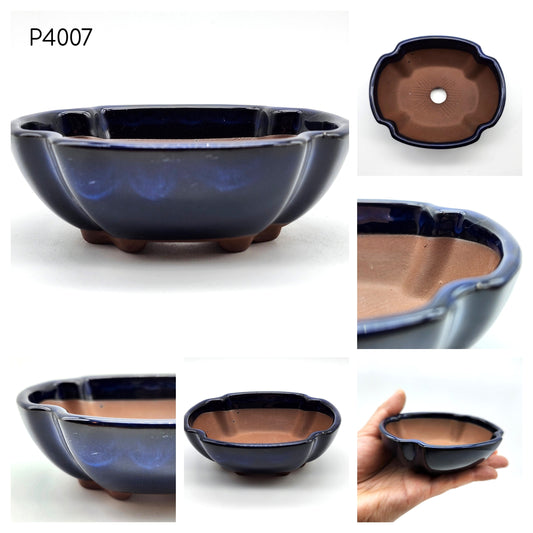 P4007 Dark Navy Glazed / Mokko Style, Authentic Japanese Bonsai Pot, Oval Bonsai Pot