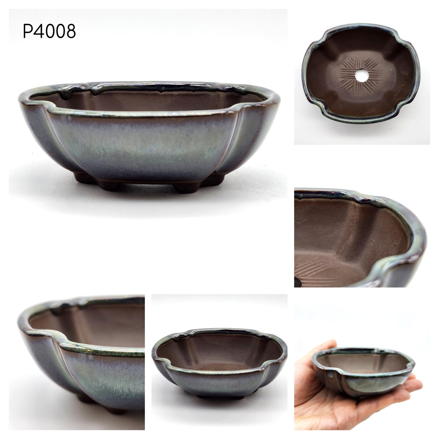 P4008 Navy Turquoise Mix on Brown Base / Mokko Style, Authentic Japanese Bonsai Pot, Oval Bonsai Pot