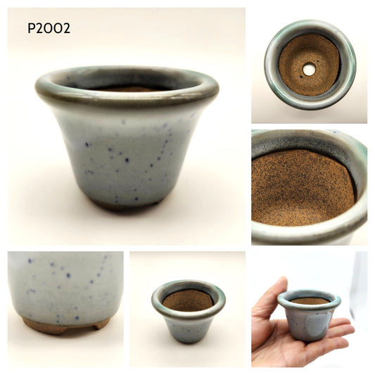 P2002 Light Gray Glazed / Navy Speckles, Authentic Koishiwara-yaki Japanese Pottery. Round 2inch Bonsai Pot