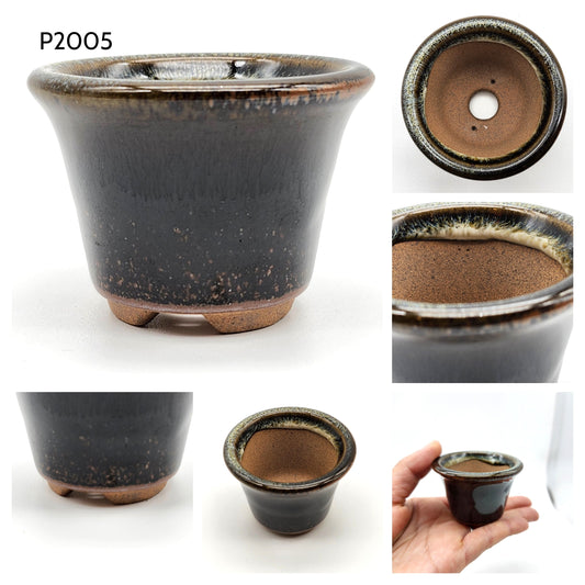 P2005 Warm Black / Dark Brown Glazed, Authentic Koishiwara-yaki Japanese Pottery. Round 2inch Bonsai Pot
