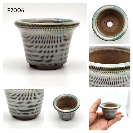 P2006 Light Gray Glazed / Skip Plane Pattern, Authentic Koishiwara-yaki Japanese Pottery. Round 2inch Bonsai Pot