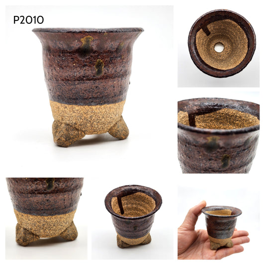 P2010 Reddish Rusty Brown Glaze / Rim, Authentic Shigaraki-yaki Japanese Pottery, Round Bonsai Pot