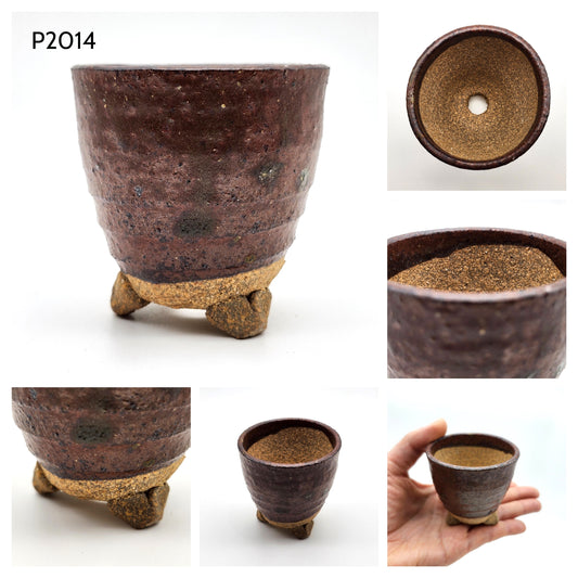 P2014 Reddish Rusty Brown Glaze, Authentic Shigaraki-yaki Japanese Pottery, Round Bonsai Pot