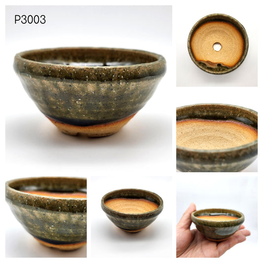 P3003 Olive Green Glaze, Authentic Shigaraki-yaki Japanese Pottery, Round Shallow Bonsai Pot