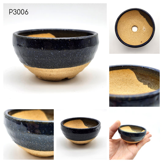 P3006 Dark Navy Glaze on Black, Authentic Shigaraki-yaki Japanese Pottery, Round Shallow Bonsai Pot
