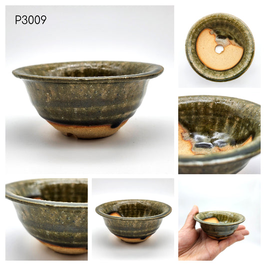 P3009 Olive Green Glaze / Rim, Authentic Shigaraki-yaki Japanese Pottery, Round Shallow Bonsai Pot