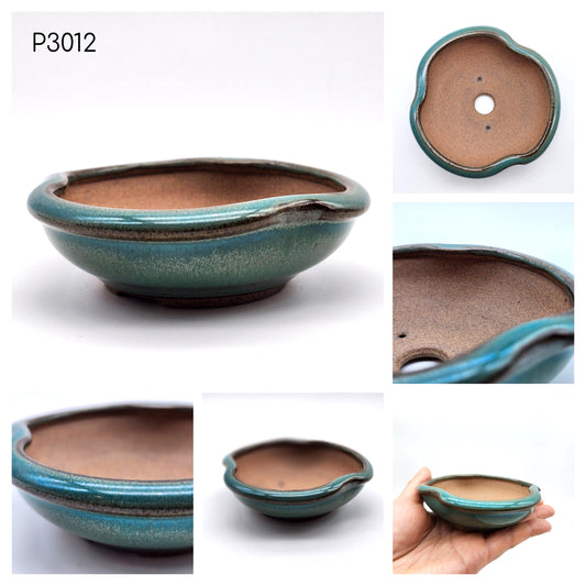 P3012 Teal Green Glazed, Authentic Koishiwara-yaki Japanese Pottery, Tri-Circular Shape 3 1/2inch Bonsai Pot