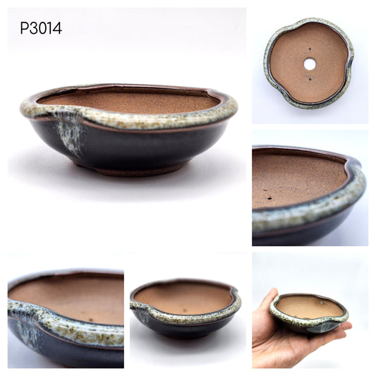 P3014 Warm Black / Dark Brown Glazed, Authentic Koishiwara-yaki Japanese Pottery, Tri-Circular Shape 3 1/2inch Bonsai Pot