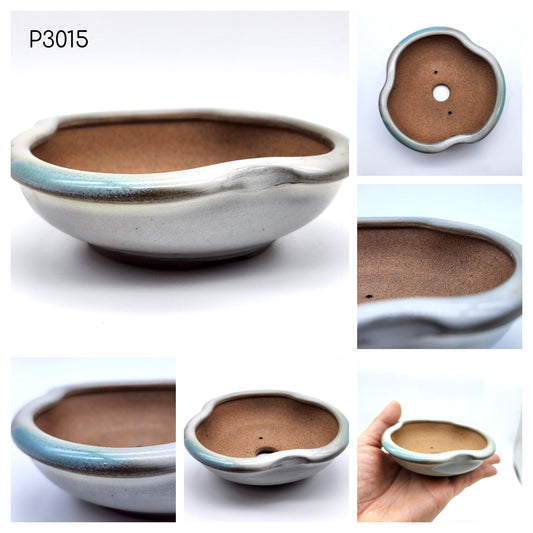 P3015 Light Gray Glazed / Teal Rim Accent, Authentic Koishiwara-yaki Japanese Pottery, Tri-Circular Shape 3 1/2inch Bonsai Pot