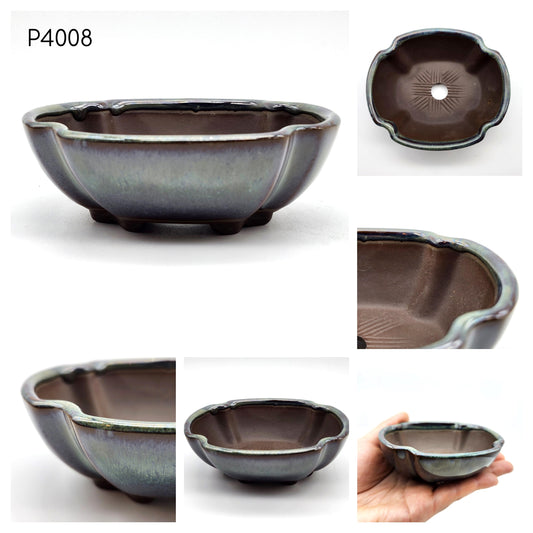 P4008 Navy Turquoise Mix on Brown Base / Mokko Style, Authentic Japanese Bonsai Pot, Oval Bonsai Pot