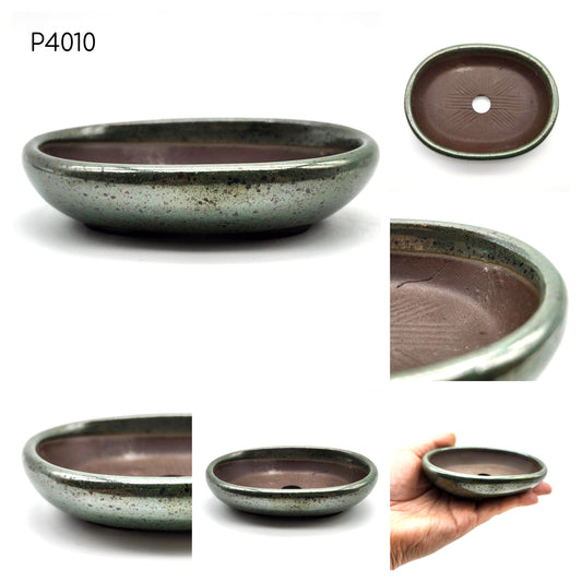 P4010 Teal Glazed / Shallow, Authentic Japanese Bonsai Pot, Oval Bonsai Pot